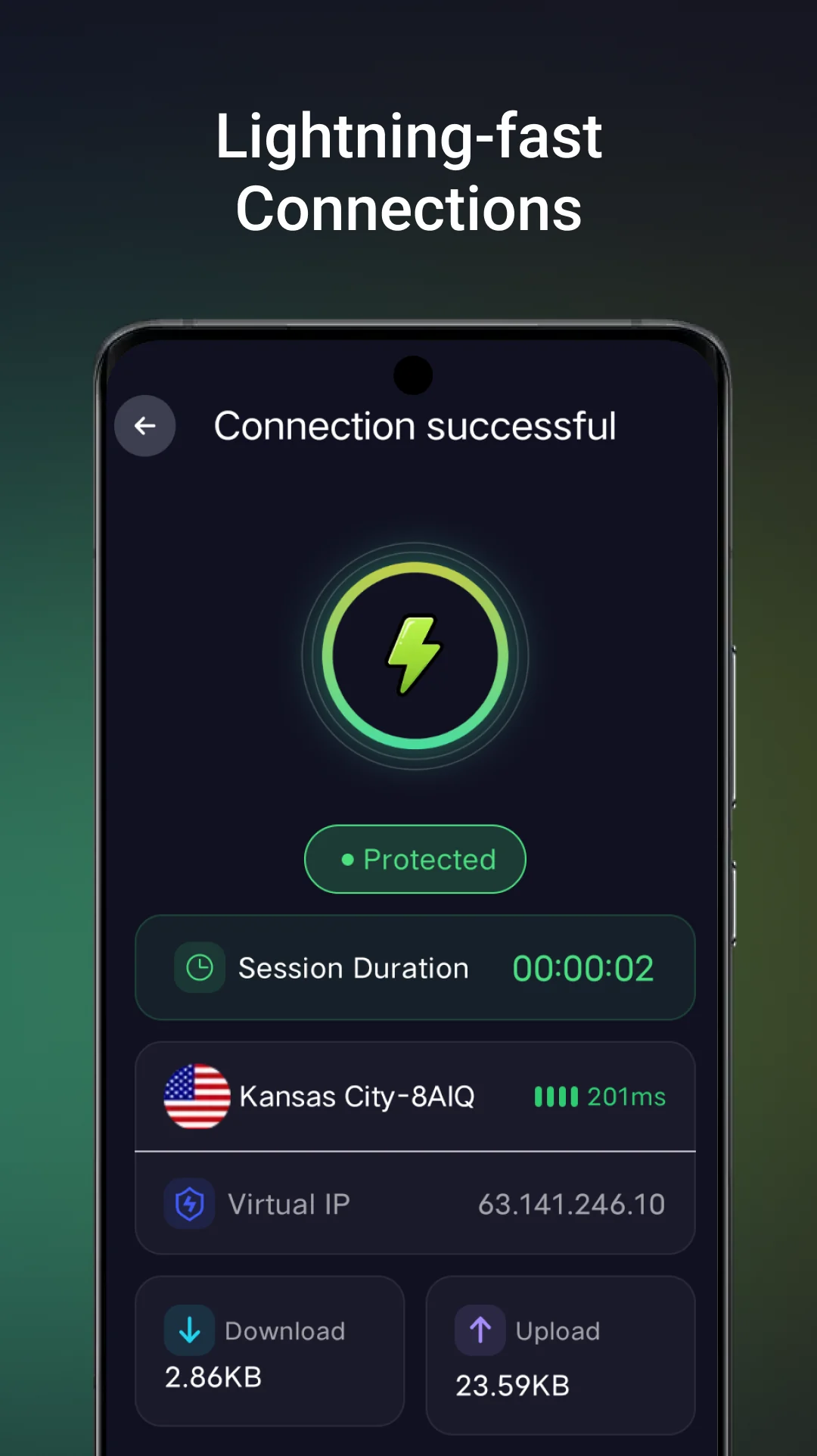 Экран успешного подключения LinkVpn на Android
